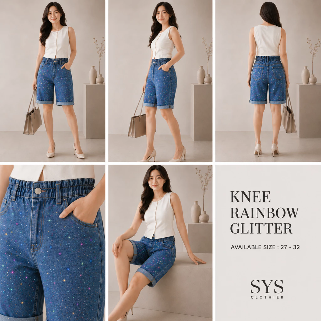 SYS CLOTHIER Knee Rainbow Glitter Jeans Wanita Premium | Celana High Waist Denim Short Premium | Rhinestone Rainbow | Size 27 - 32 - Gambar 3