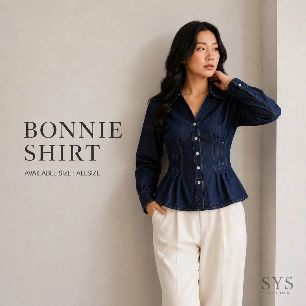 SYS CLOTHIER Bonnie Denim Shirt Wanita Premium | Kemeja Jeans Korean Style | Light Blue & Dark Blue