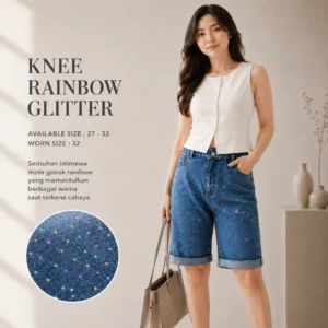 SYS CLOTHIER Knee Rainbow Glitter Jeans Wanita Premium | Celana High Waist Denim Short Premium | Rhinestone Rainbow | Size 27 - 32