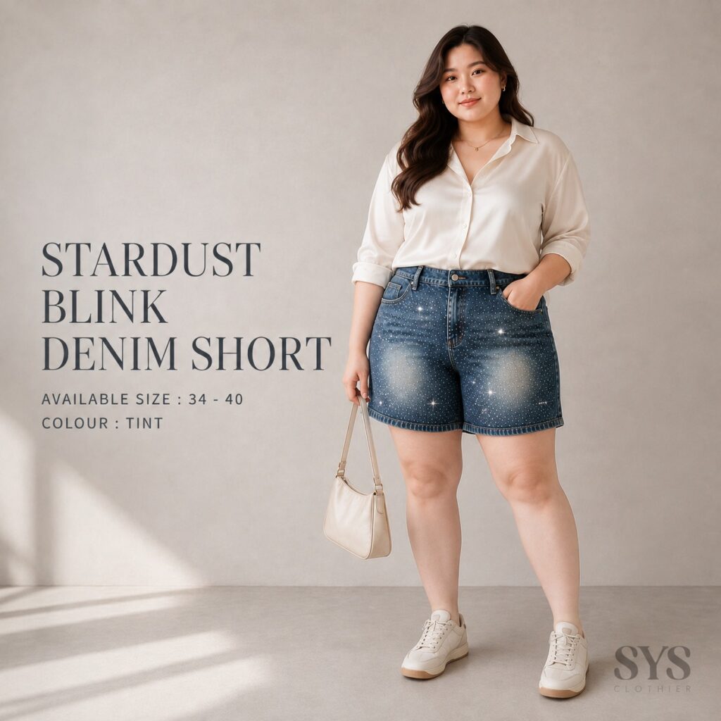SYS Clothier Stardust Blink Denim Short Bigsize Wanita Premium | Celana Jeans Pendek Rhinestone Glitter | High Waist Rubber Waist Stret