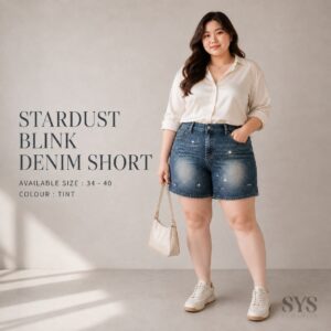 SYS Clothier Stardust Blink Denim Short Bigsize Wanita Premium | Celana Jeans Pendek Rhinestone Glitter | High Waist Rubber Waist Stret