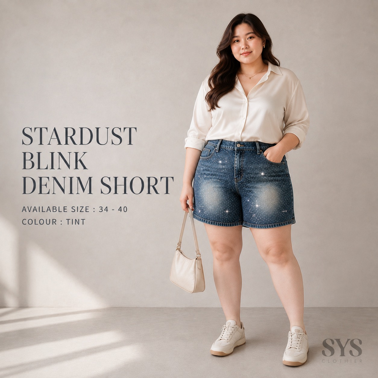 SYS Clothier Stardust Blink Denim Short Bigsize Wanita Premium | Celana Jeans Pendek Rhinestone Glitter | High Waist Rubber Waist Stret