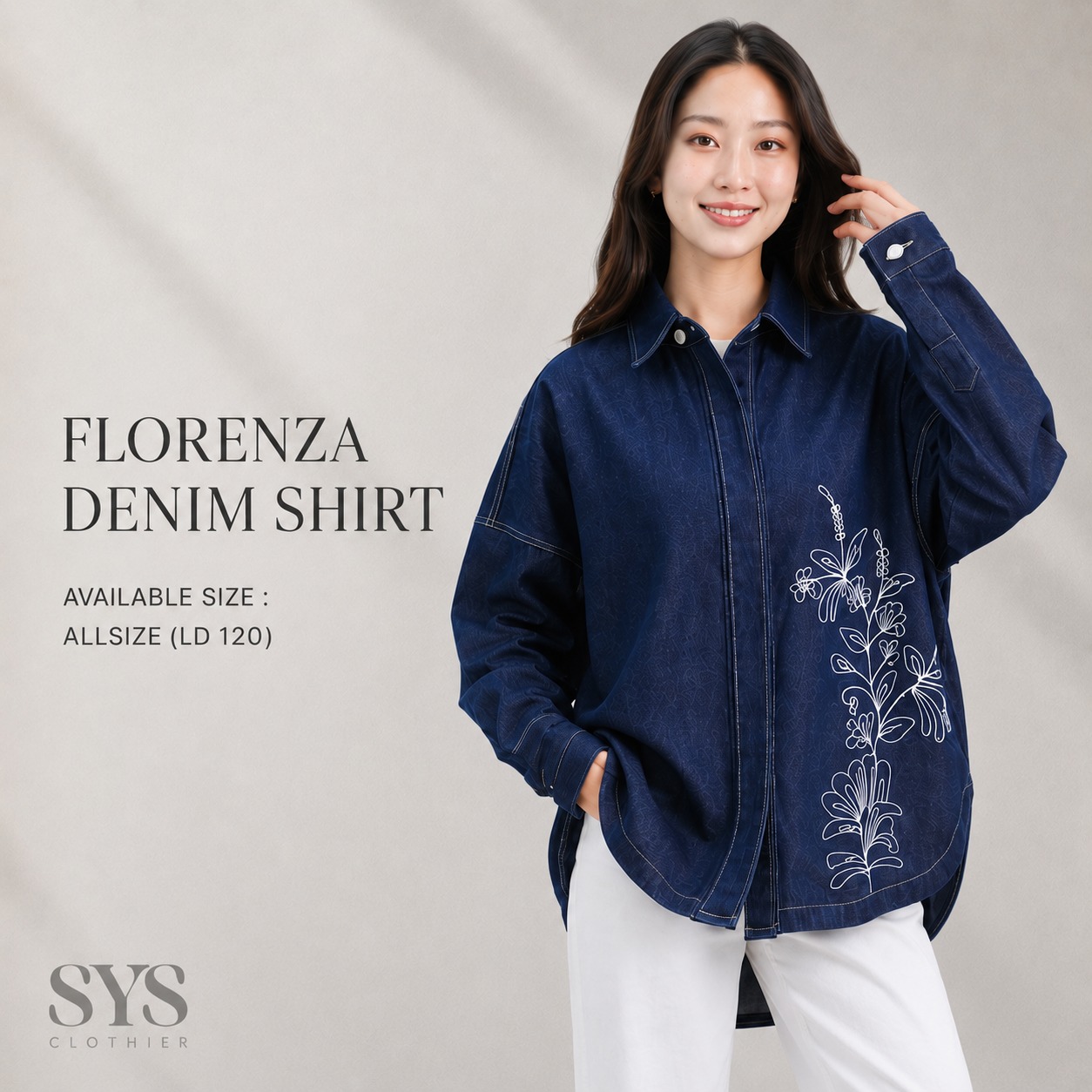 SYS Clothier Florenza Denim Shirt I Kemeja Jeans Wanita Jumbo Bordir Bunga (All Size - LD 120) - Gambar 2