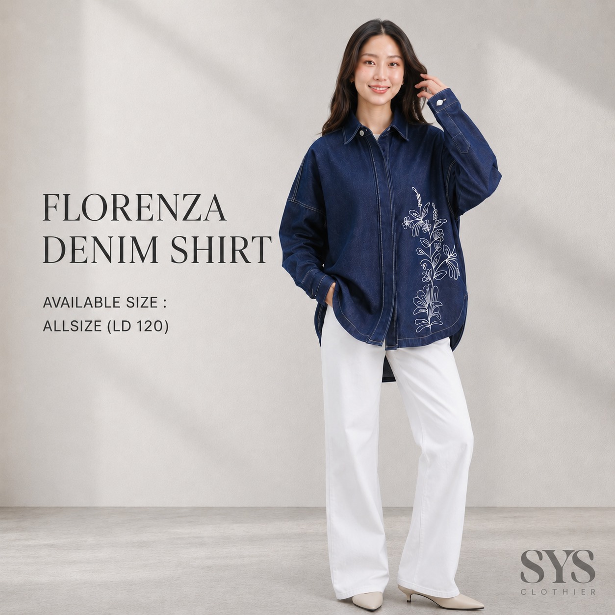 SYS Clothier Florenza Denim Shirt I Kemeja Jeans Wanita Jumbo Bordir Bunga (All Size - LD 120) - Gambar 3