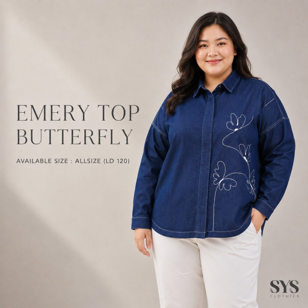 SYS Clothier Emery Top Butterfly Denim Shirt I Kemeja Jeans Wanita Bordir Jumbo (All Size - LD 120)