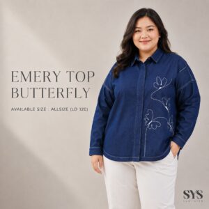 SYS Clothier Emery Top Butterfly Denim Shirt I Kemeja Jeans Wanita Bordir Jumbo (All Size - LD 120)