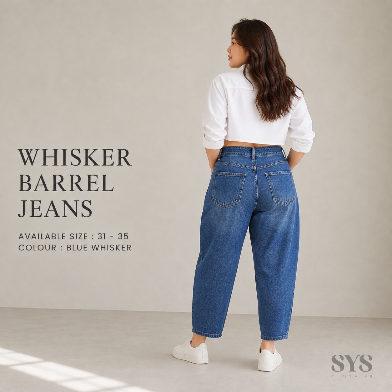 SYS Clothier Whisker Barrel Jeans Bigsize Wanita || Celana High Waist Denim Jumbo Premium (Size 31–35) - Gambar 2